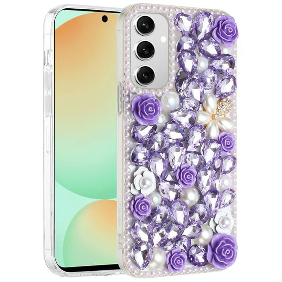 For Samsung Galaxy S24 Fan Edition /Galaxy S24 FE Fashion Rose Flower Floral Bling Crystal 3D Full Diamonds Pearl Sparkle Rhinestone Glitter Hybrid Cover, XPM Phone Case [Purple]