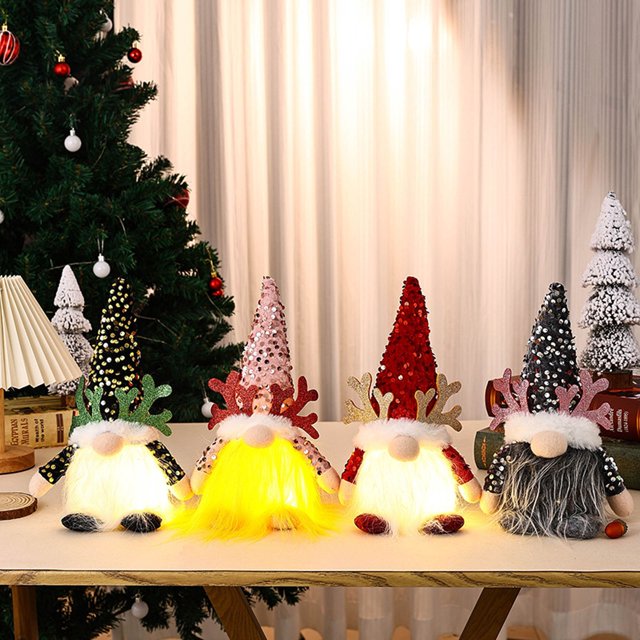 Decoración de gnomo de Navidad iluminada | Adorno de gnomo de peluche con luz y sombrero de lentejuelas | Decoración navideña interior | Acento de mesa caprichoso | Luz nocturna luminosa de larga