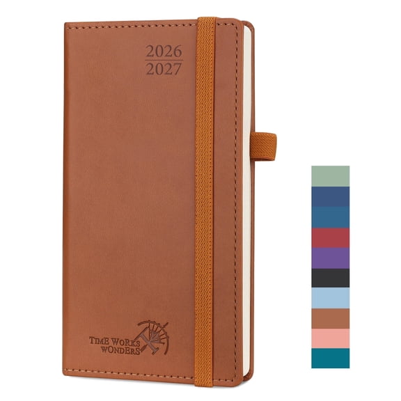 POPRUN Pocket Planner 2026-2027, 3.5" x 6.5", (Aug 26-Dec 27) Academic Pocket Calendar for Purse with Storage Pocket, Vegan Leather Hardcover - Brown