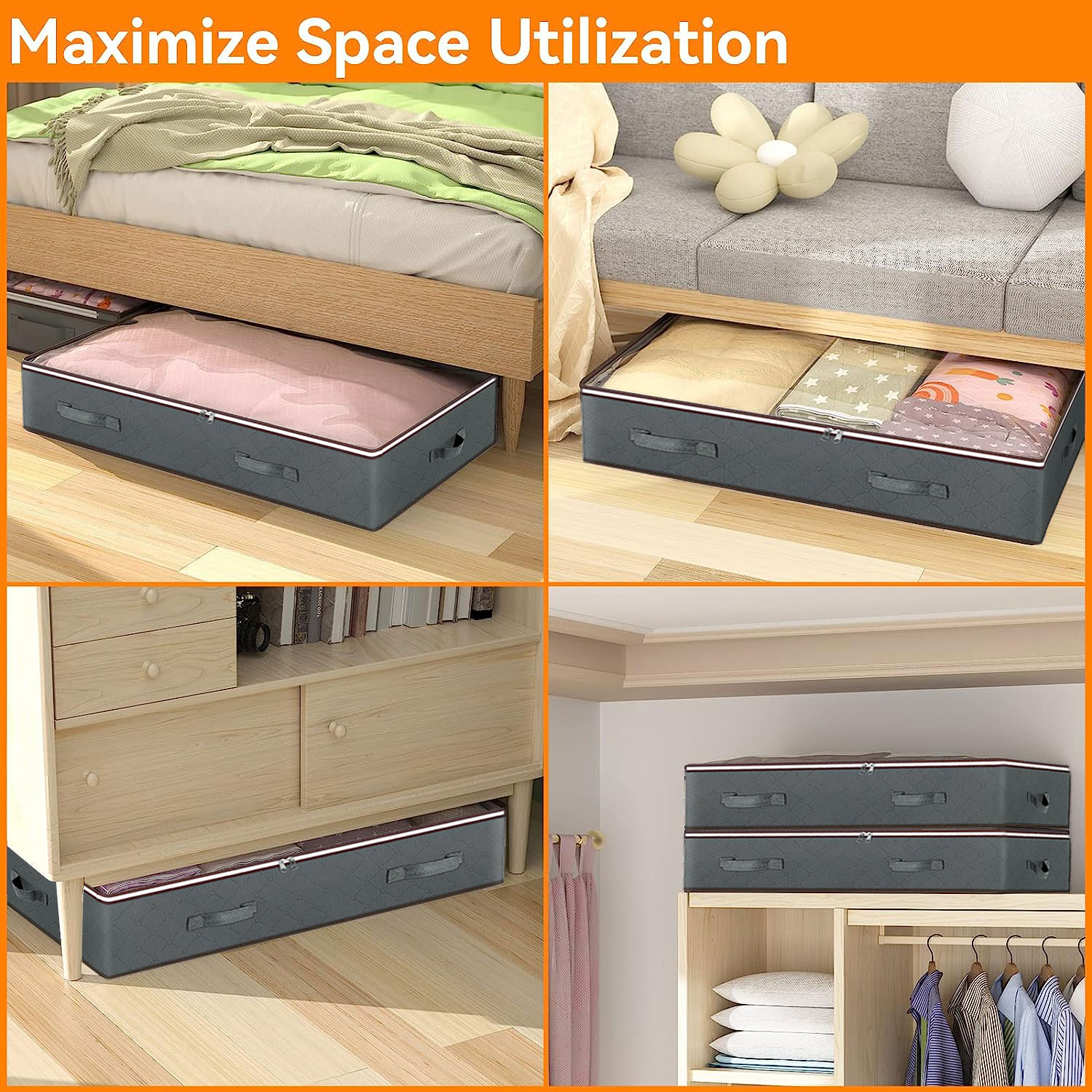 HadinEEon 4-Pack Under Bed Storage Bags, Gray photo 2
