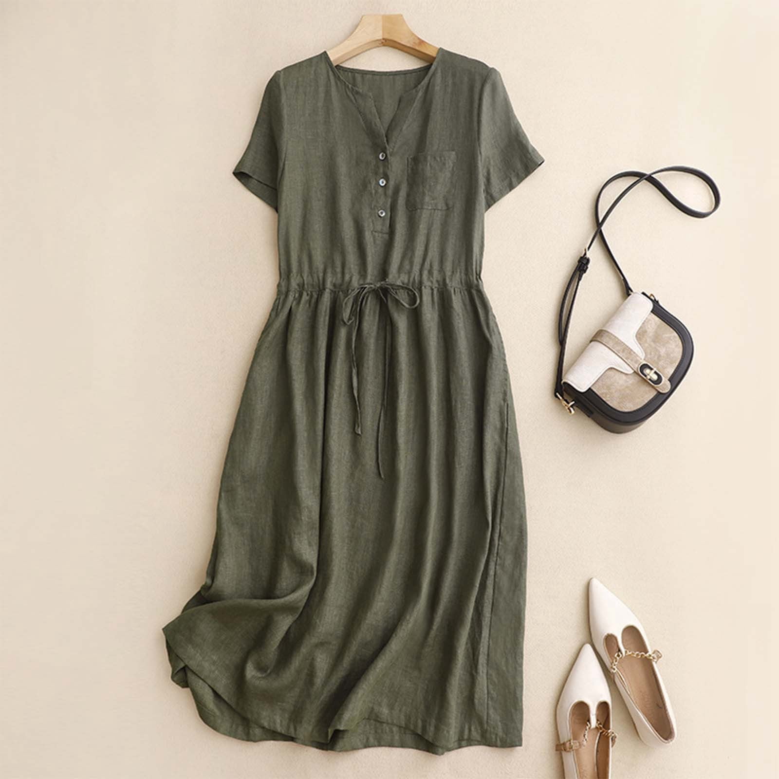 midi dress polos terbaru 2025 Rgdypko 2025 New Women's Vintage Style V Neck Short Sleeve Midi Dress