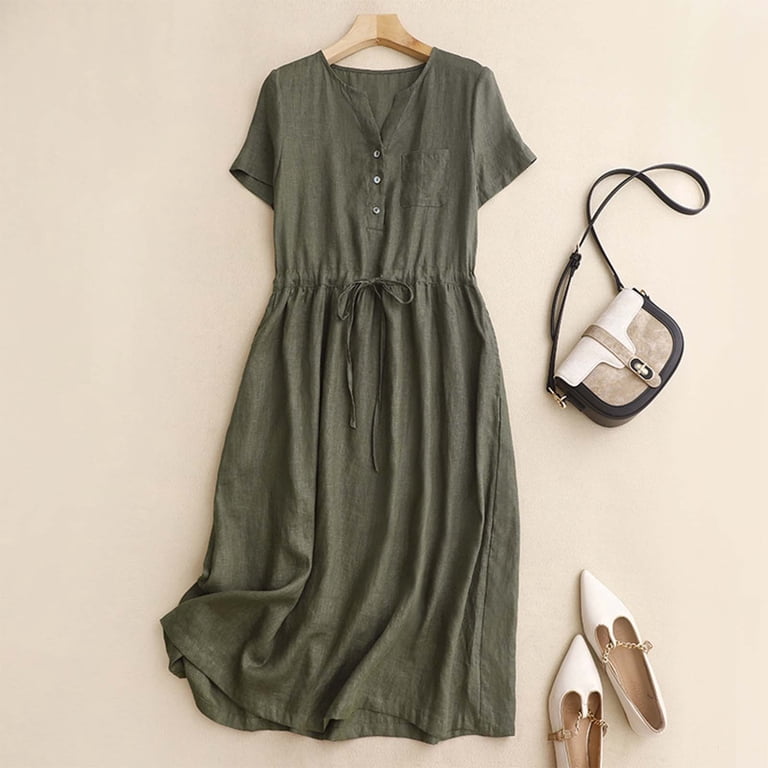 Rgdypko Womens Dresses Vintage Casual Style V Neck Short Sleeve Midi Dress | A Line Waist Cinching Slim Fit Linen Skirt Vacation Travel Wear - Walmart.com Rgdypko Womens Dresses Vintage Casual Style V Neck Short Sleeve Midi Dress | A Line Waist Cinching Slim Fit Linen Skirt Vacation Travel Wear - Walmart.com