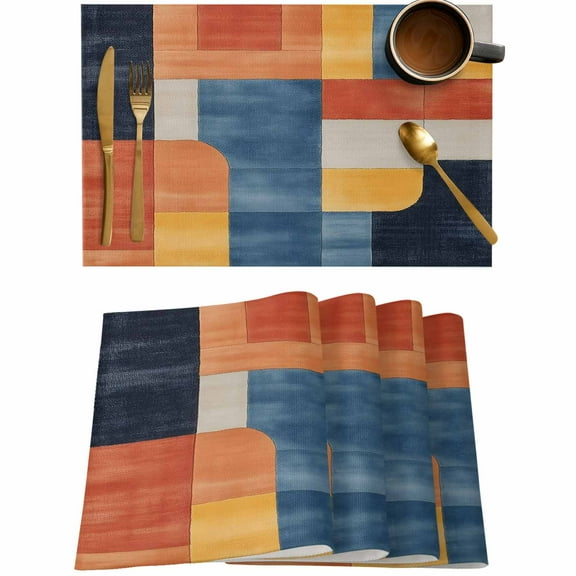 Orange Blue Gradient Abstract Geometric Placemats Set of 4,Wipeable Washable Table Mats for Dining Tables,Color Block Splicing Art Place Mats for Kitchen Event Party Tabletop Decor