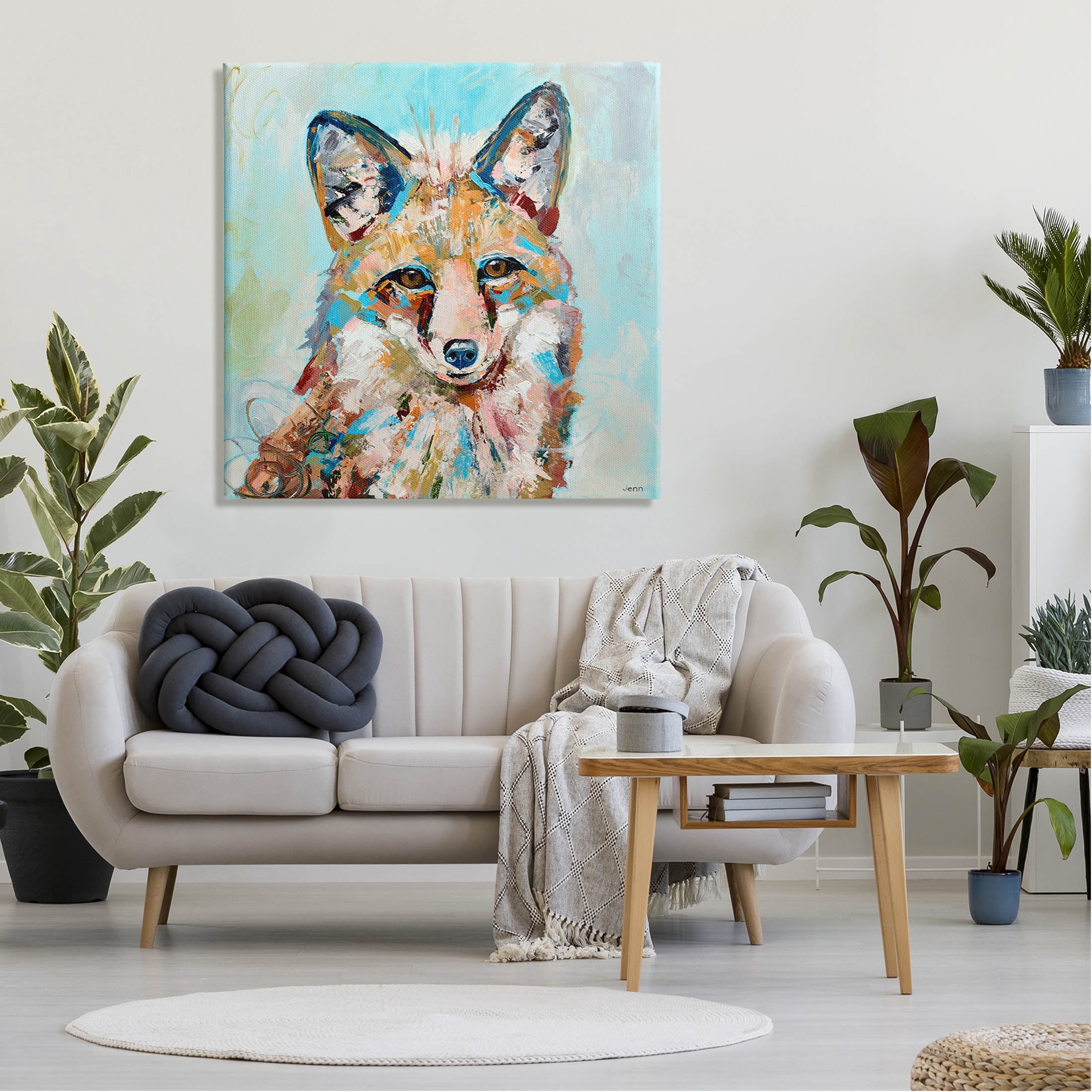 Modern Fox Blue Accent Animal Animals & Insects Painting Gallery Wrapped Canvas Print Wall Art