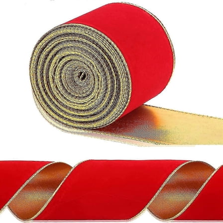 Wired Velvet Christmas Tree Ribbon Red Ribbon With Gold Edge (2.5in X 10 Yards)