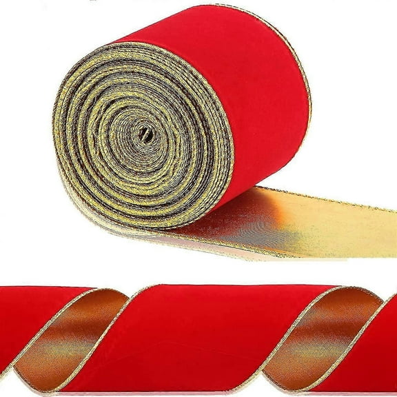Wired Velvet Christmas Tree Ribbon Red Ribbon With Gold Edge (2.5in X 10 Yards)
