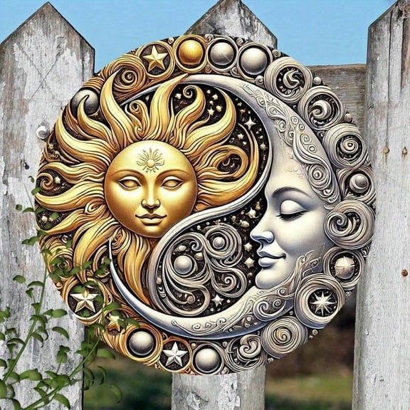 HELLOYOUNG Metal Wall Art Sun Moon 2D, Minimalist Indoor Outdoor Farmhouse Decor, Unique DIY Art for Garden Fence Café, Aesthetic Gift