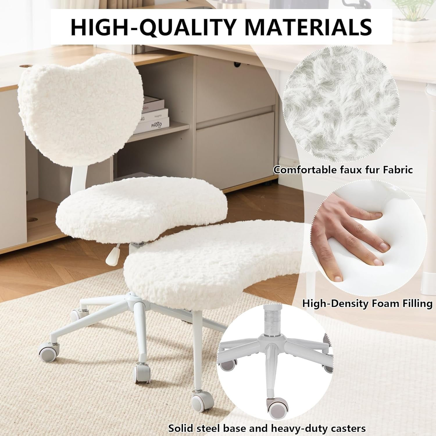 Villeston Cross Legged Office Chair, White Boucle Ergonomic Criss Cross Swivel Desk Chair, Heavy Duty 385 lbs Wide Seat for Meditation& ADHD, Armless