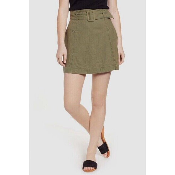 NEW BP Belted Linen Blend Paper Bag Waist Mini Skirt in olive size XS