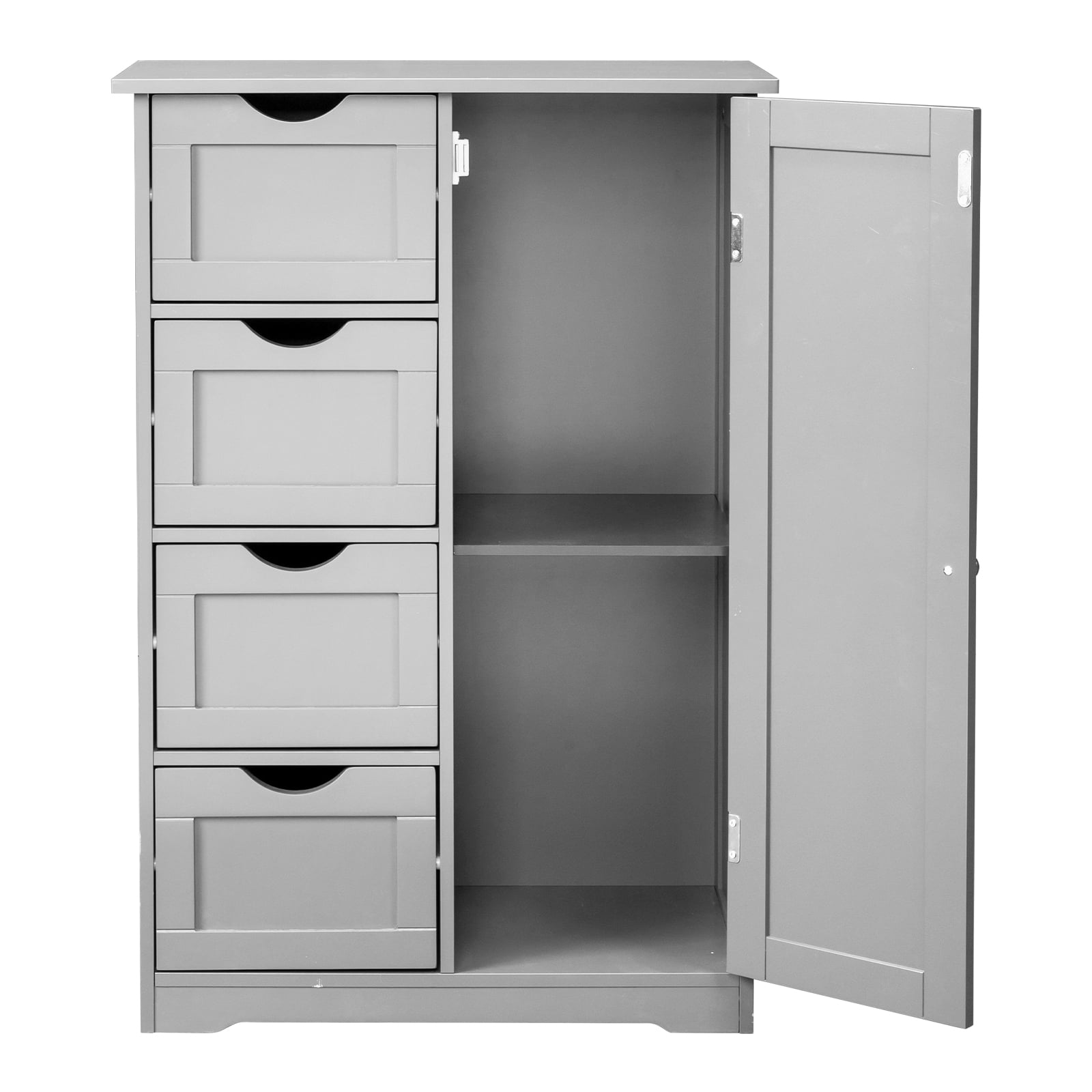 Ktaxon Wooden Bathroom Floor Cabinet, Side Storage Organizer with 4 Drawers, 1 Cupboard & 2-Shelves, Gray