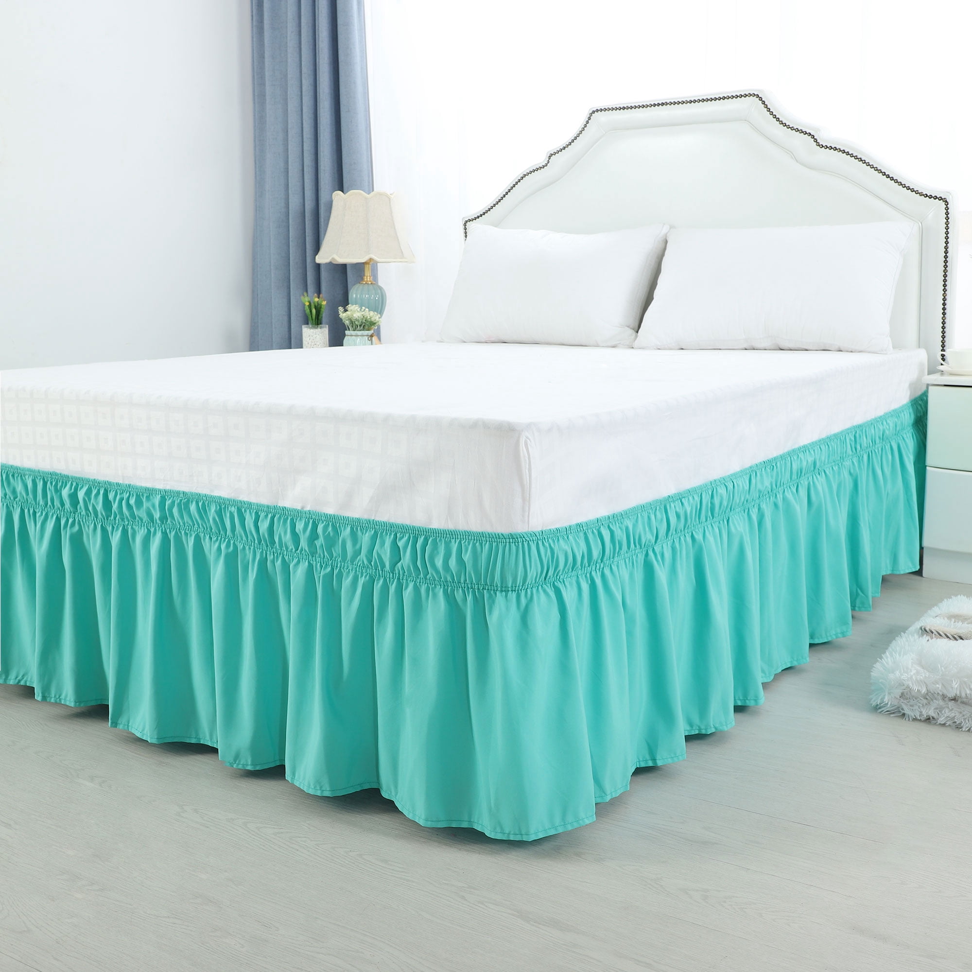 PiccoCasa Bed Skirt Polyester Elastic Wrap Around Dust Ruffle, Queen Aqua Blue