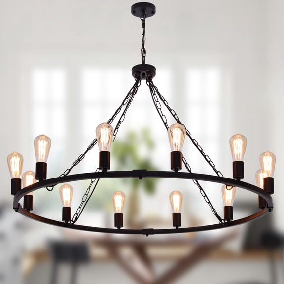 Ganeed Farmhouse Chandelier Metal, 39 Inch 12-lights Rustic Wagon Wheel Chandelier Light Fixture, Black Farmhouse Pendant Lighting For Dining Room Living Room Kitchen Island