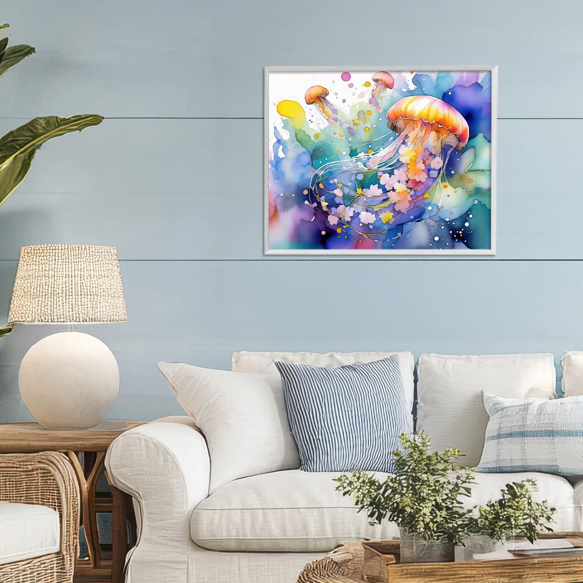 Stupell Industries Neon Jellyfish Underwater White Framed Giclee Art, design by Shelly Craig
