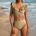 thumbnail image 2 of XMMSWDLA Womens Swimsuits Tummy Control Women'S High Waisted Solid V-Neck Ruffle Sleeve Tight Fitting Gathering Swimsuit Split Set Thong Bikini, 2 of 7
