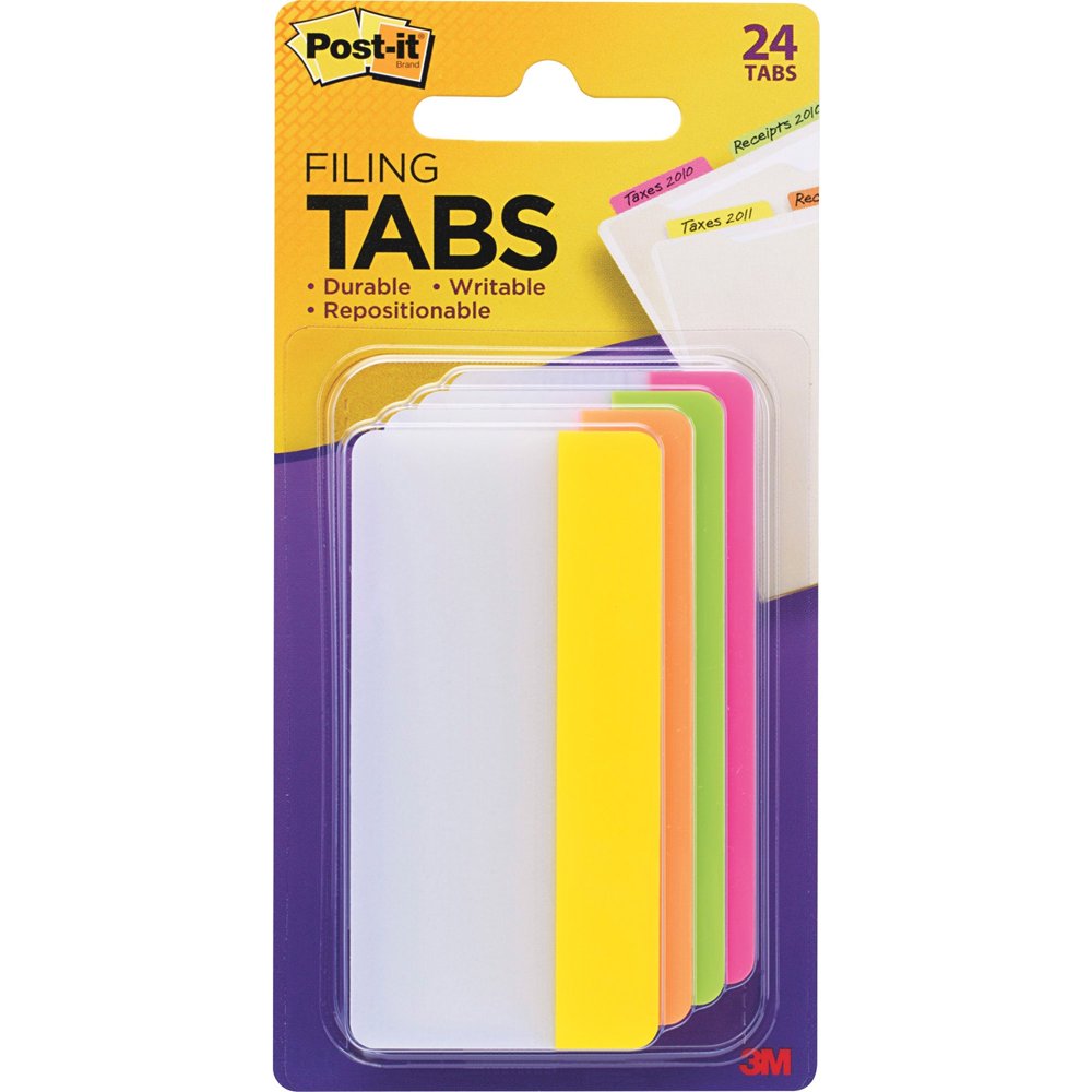 Postit Filing Tabs, 3" x 1.5", Assorted Bright Colors, 6 Tabs