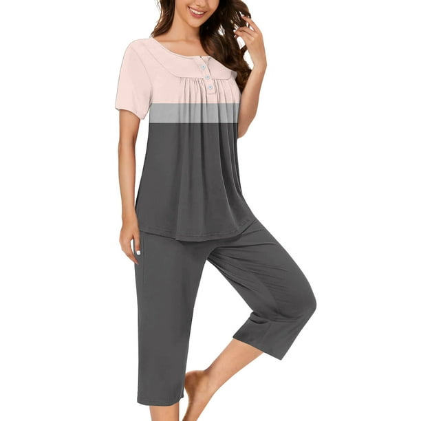 Sexy Pijama Conjunto para las Mujeres, Cuello Redondo Blusa de Manga Corta Y Pantalones, Traje de Moda Casual