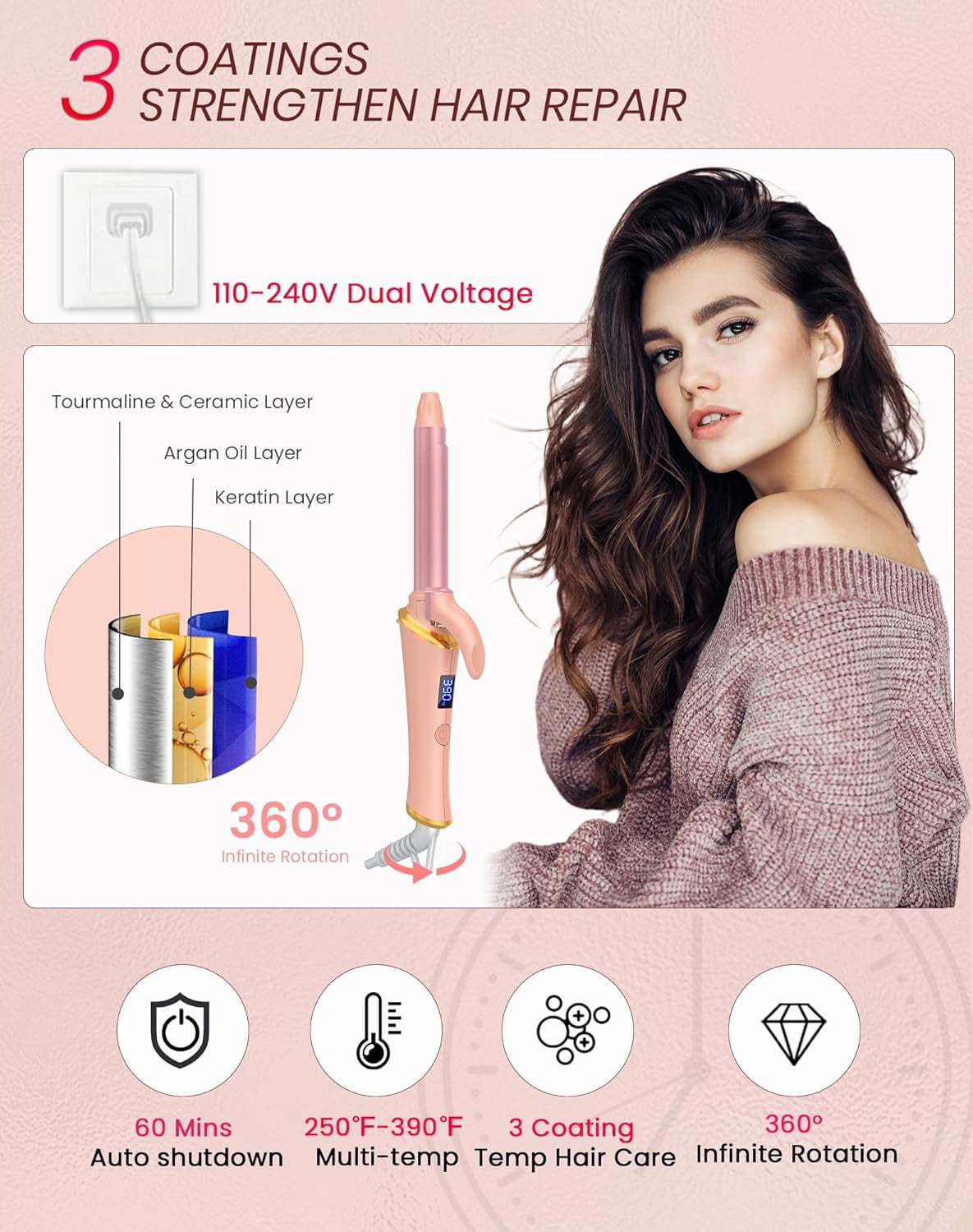 2025 New  Mini Curling Iron for Short Hair - Dual Voltage (110-240V) Travel Hair Curler, 5 Heat Settings, Auto-Off, Travel Size Small Curling Iron, 0.24Inch (Pink)