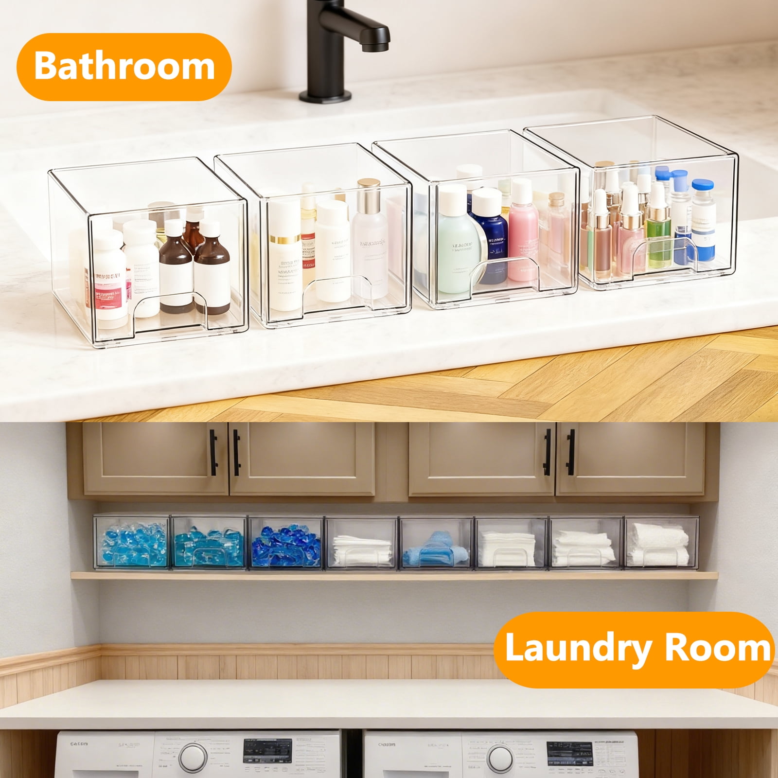 Kisportee 4 Pack Stackable Makeup Storage Drawers, 4.4'' Tall Clear Bathroom Makeup Cosmetics Organizer, Plastic Storage Bins for Vanity, Undersink, Kitchen Organization