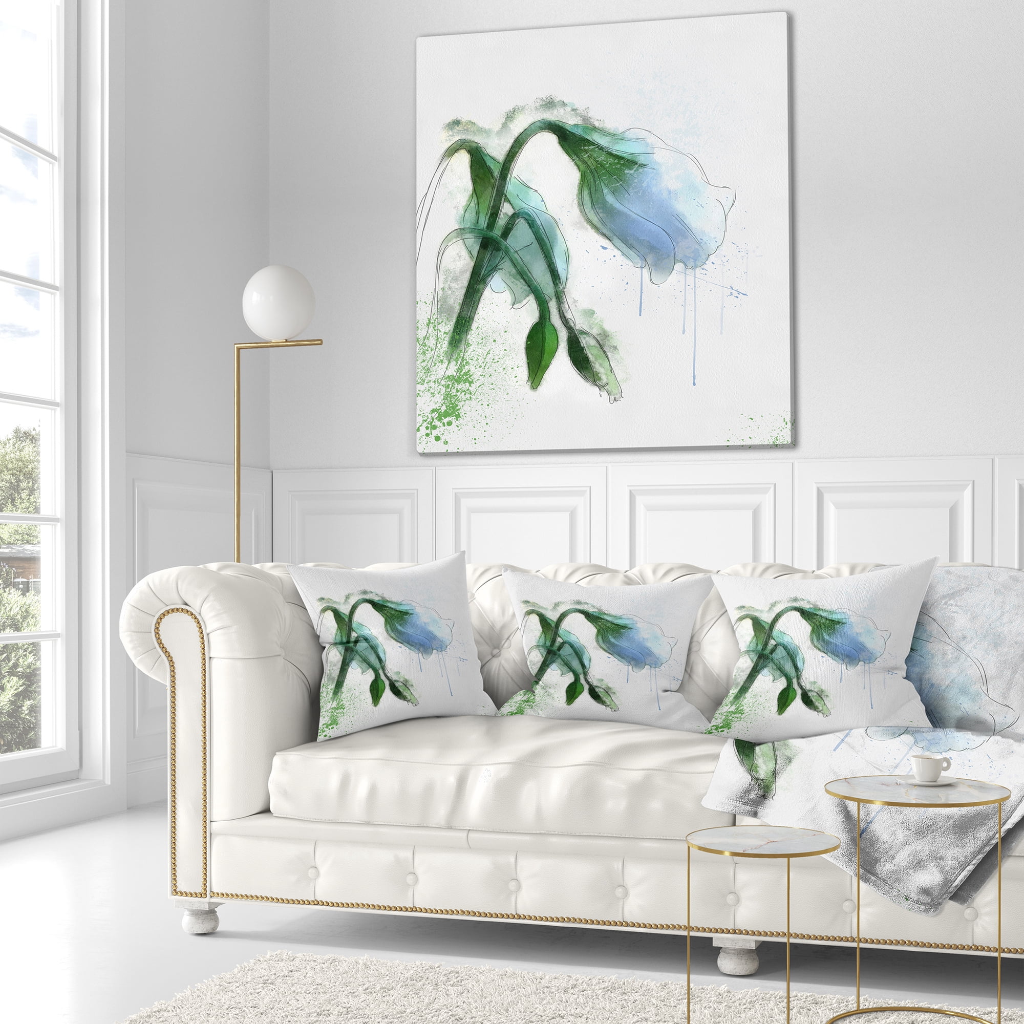 Designart Green Tulip Sketch Watercolor - Floral Throw Pillow - 18x18