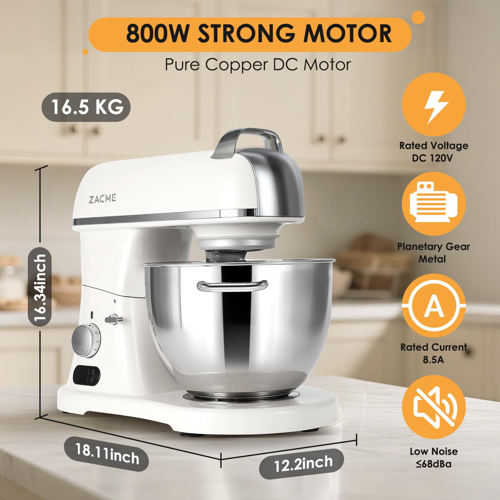 ZACME, Commercial Stand Mixer, 800W, 11 Speeds, 8.4QT White