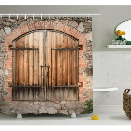Wrought Iron Bathroom Rustic Shower Curtain, Wooden Door of a Stone House with Wrought Iron Elements Tuscany Architecture Photo, Fabric Bathroom Set with Hooks, Brown Grey, by Ambesonne ()