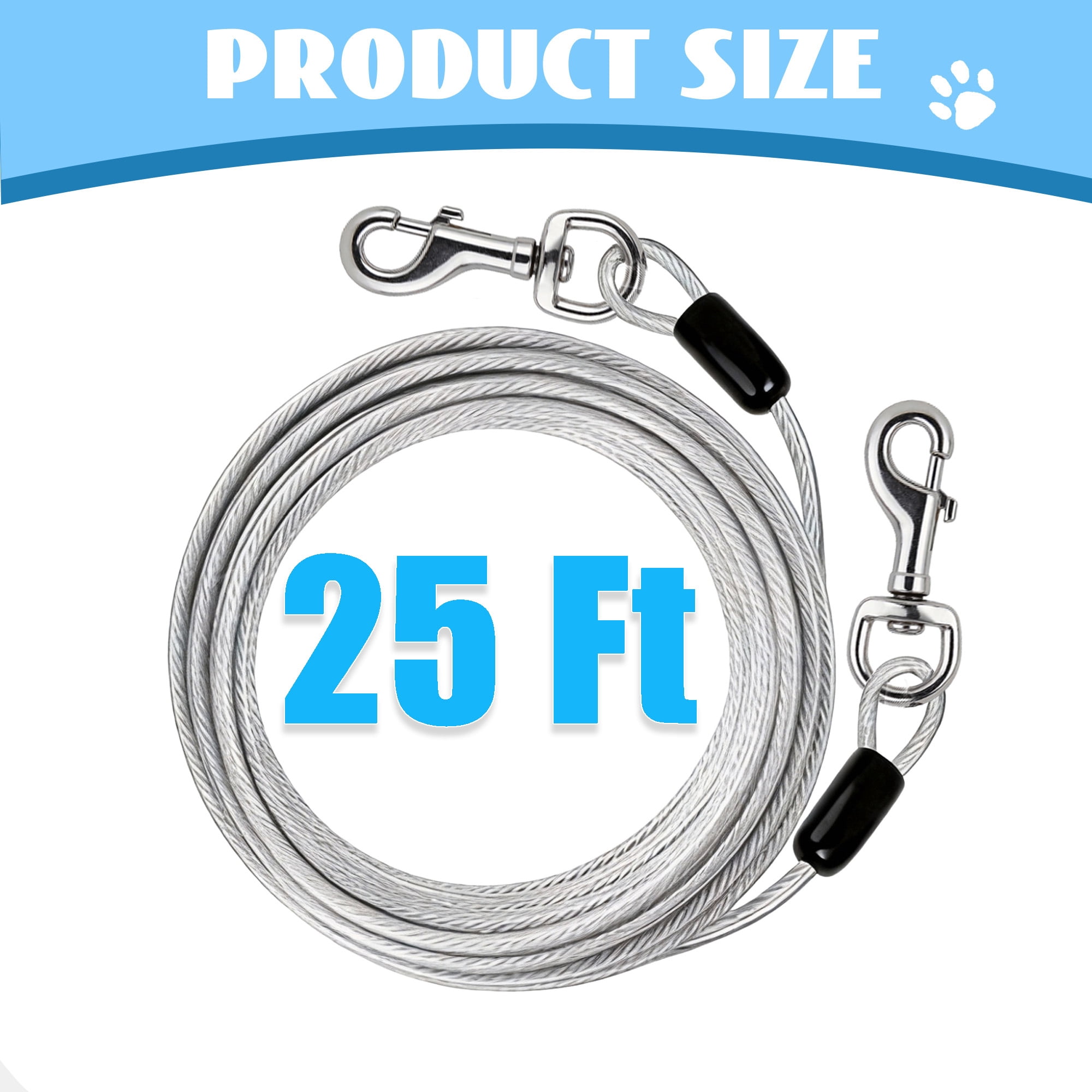 25 Ft Dog Tie Out Cable, Heavy‑Duty Steel Wire Dog Leash with 360° Swivel Hooks, Outdoor Dog Tether Cable for Yard, Park, Camping & Beach Walking