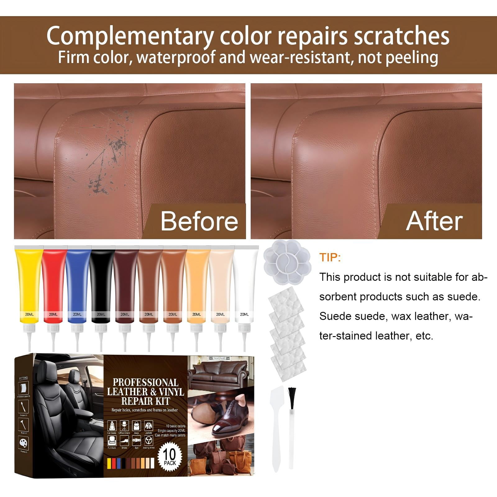 Alvantor Leather Repair Kit for Furniture, Sofa, Jacket, Car Seats and Purse, Super Easy Instructions, Match Any Color Vinyl Repair Kit
