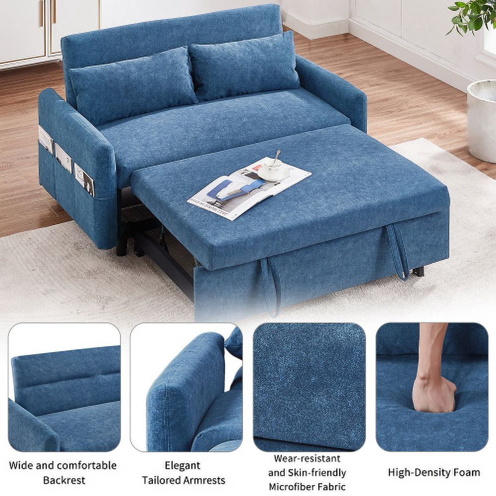 Leumius 2 Seat Sofa Couch with Pull Out Sleep Sofa Bed, Modern Loveseats with USB Ports, Blue