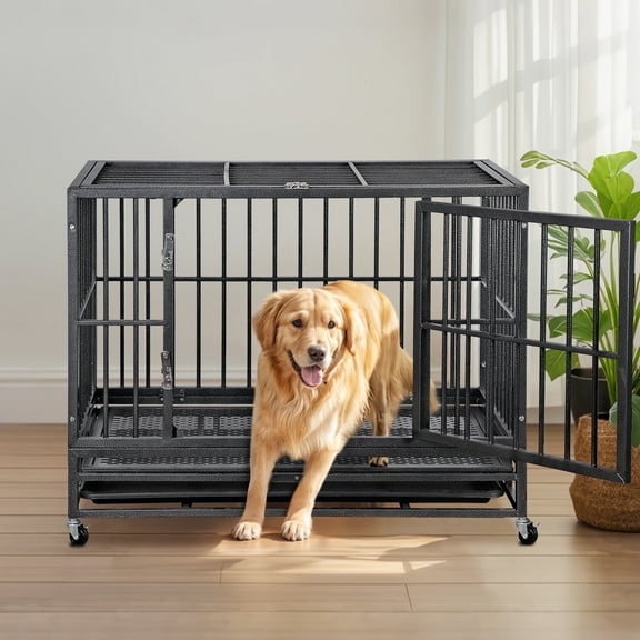 HomGarden 38-in Heavy Duty Pet Dog Crate High Anxiety Medium Dog Cage Kennel W/Lockable Wheels & Tray