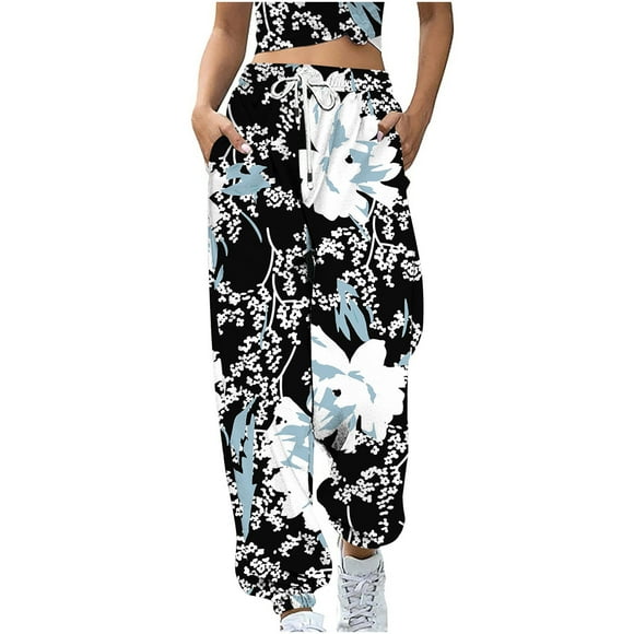 Dianli Sweatpants Women Ladies Boho Floral Print Bottoms Butterfly Printed Loose Fit Sweatpants Straight Leg Holiday Jogger Pant Sweatpants for Teen Girls Deals of the Day Black XXL