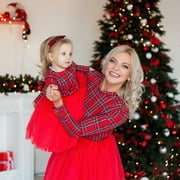 GRNSHTS Christmas Dress Mommy and Me Outfits Net Yarn Plaid Christmas Dresses Long Sleeve Family Matching Outfits (Aldult 2XL)