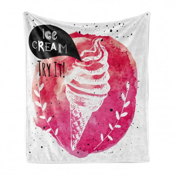 Ice Cream Soft Flannel Fleece Throw Blanket, Yummy with Try It Words Paintbrush Watercolor Artwork Illustration, Cozy Plush for Indoor and Outdoor Use, 50" x 60", Pink Black White, by Ambesonne