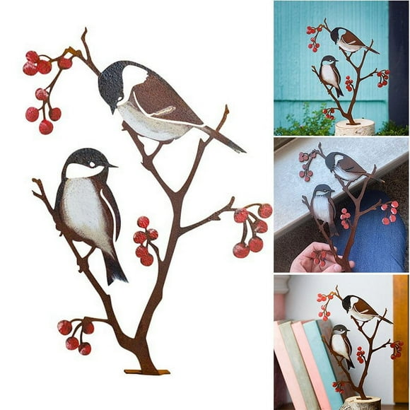 Chickadees on Branch Iron Silhouette Colored Metal Art Home Desktop Decoration