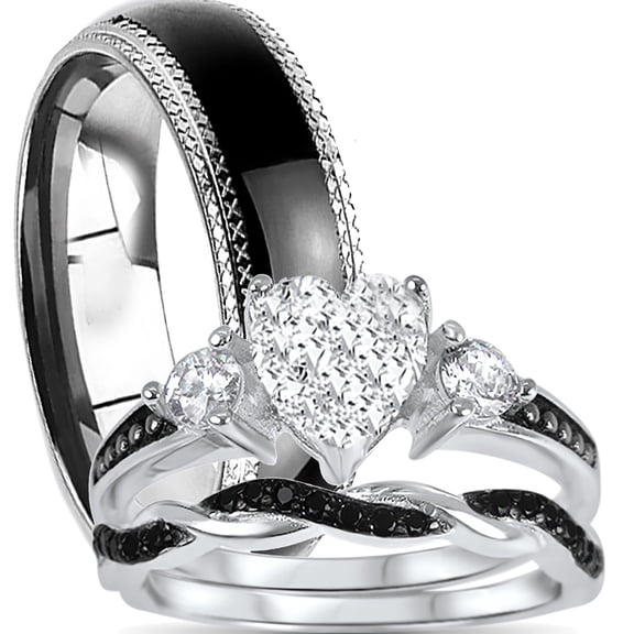 His Hers 3 Piece TRIO Wedding Set Black Silver Steel Couples Rings Bride Groom