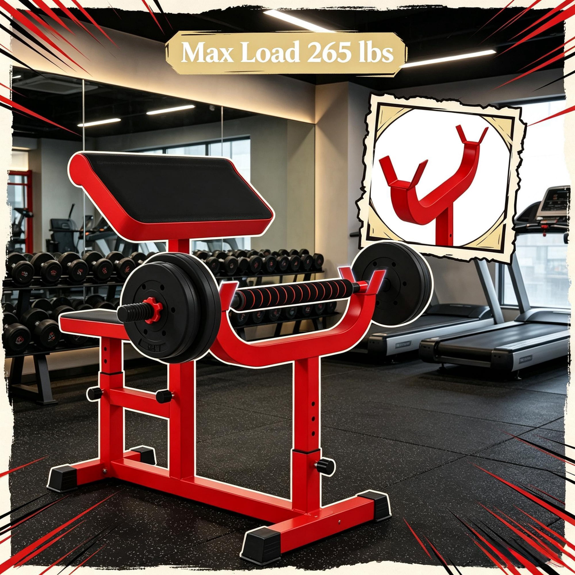 265 LBS Preacher Curl Bench, Adjustable Seated Arm Isolated Barbell Dumbbell Bicep Station for Strength Training, Red