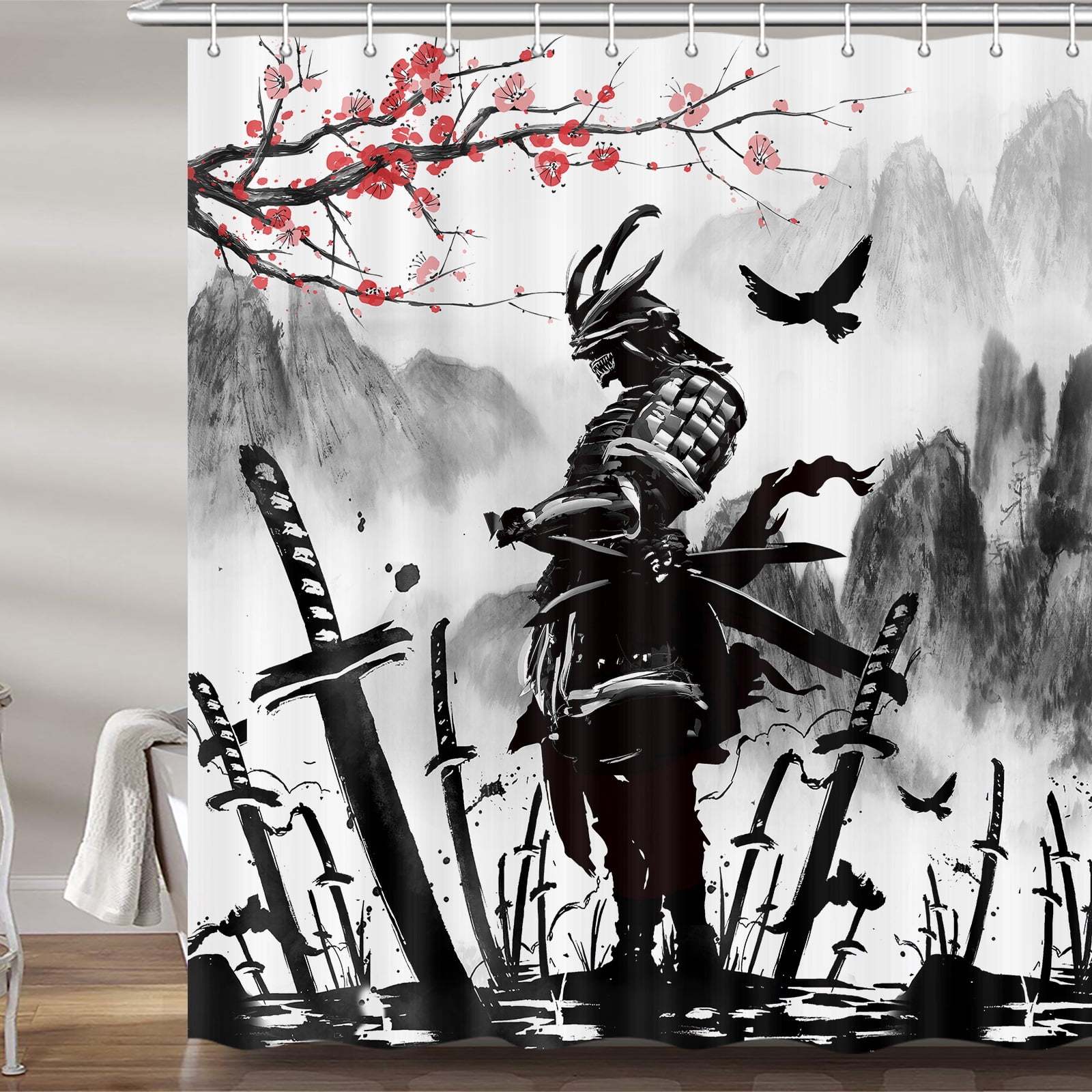 Japanese Samurai Shower Curtain, Cool Japan Anime Cherry Blossoms Fabric Shower Curtains Set For Bathroom, Asian Chinese Black And White Restroom Decor Accessories With Hooks 72X 72 Inch