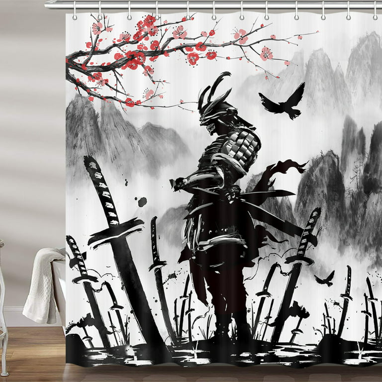 Anese Samurai Shower Curtain Cool An Anime Cherry Blossoms Fabric Curtains Set For Bathroom Asian Chinese Black And White Restroom Decor Accessories With Hooks 72x 72 Inch Com