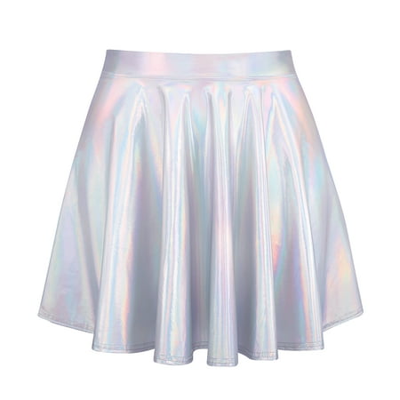 HDE Women's Shiny Liquid Metallic Holographic Pleated Flared Mini Skater Skirt (Holographic, Small)