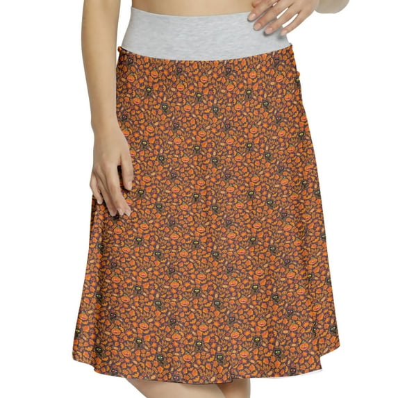 Women's Vintage Halloween Scary Mosters A-line Printed Skirt Casual Wear, L, Dark Purple Orange, by Ambesonne