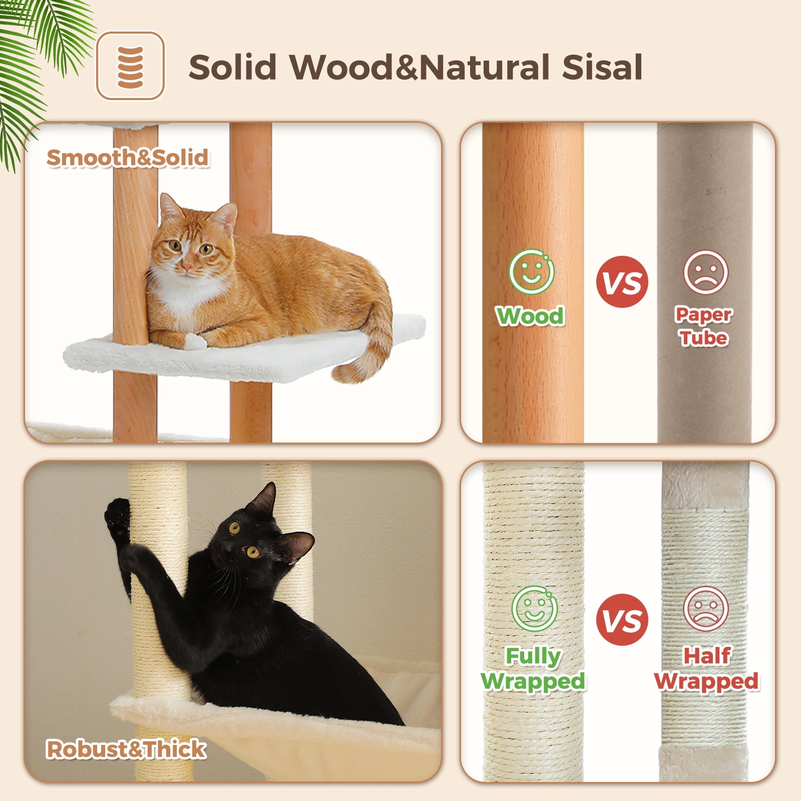 Pefilos 73" Tall Cat Tree Tower with 2 Hammocks, 2 Top Beds, 8 Fully Scratching Posts and Natural Wood Posts for Indoor Cats, Beige