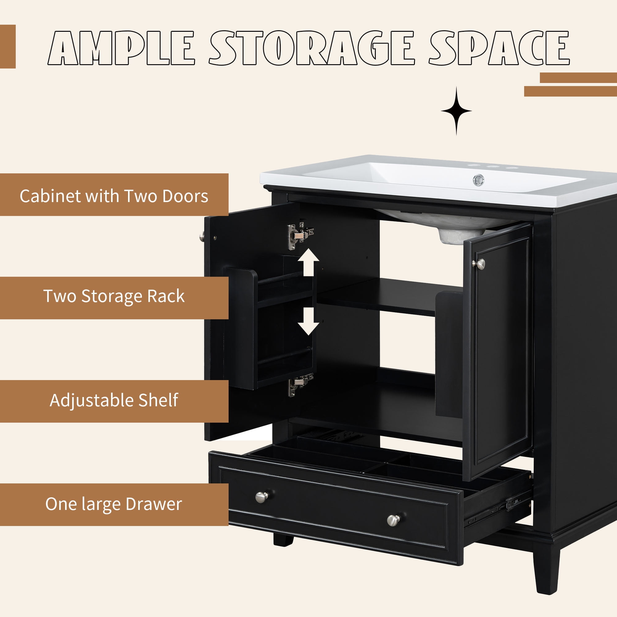 30" Bathroom Vanity Base Only, Solid Wood and MDF, Black, 29.5 in L x 17.8 in W x 33.8 in H
