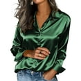 thumbnail image 2 of asdoklhq Satin Tops For Women Button Down Shirts Fashion Womens Solid Casual Long Sleeve Ladies Loose Cardigan Blouse Denim Jacket Green M, 2 of 4