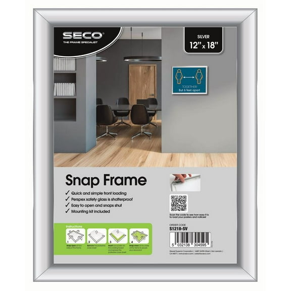 Front Load Easy Open Snap Poster/Picture Frame 12 x 18 Inches, Silver Aluminum Frame