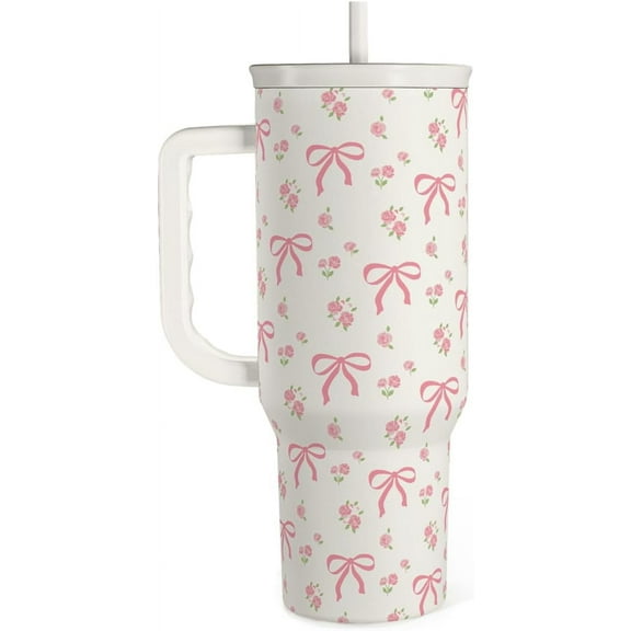 Bow Tumbler with Handle 40oz, Stainless Steel Insulated Tumblers Coffee Travel Cup with Slider Straw Lid, Gifts for Women Teen Girls Birthday