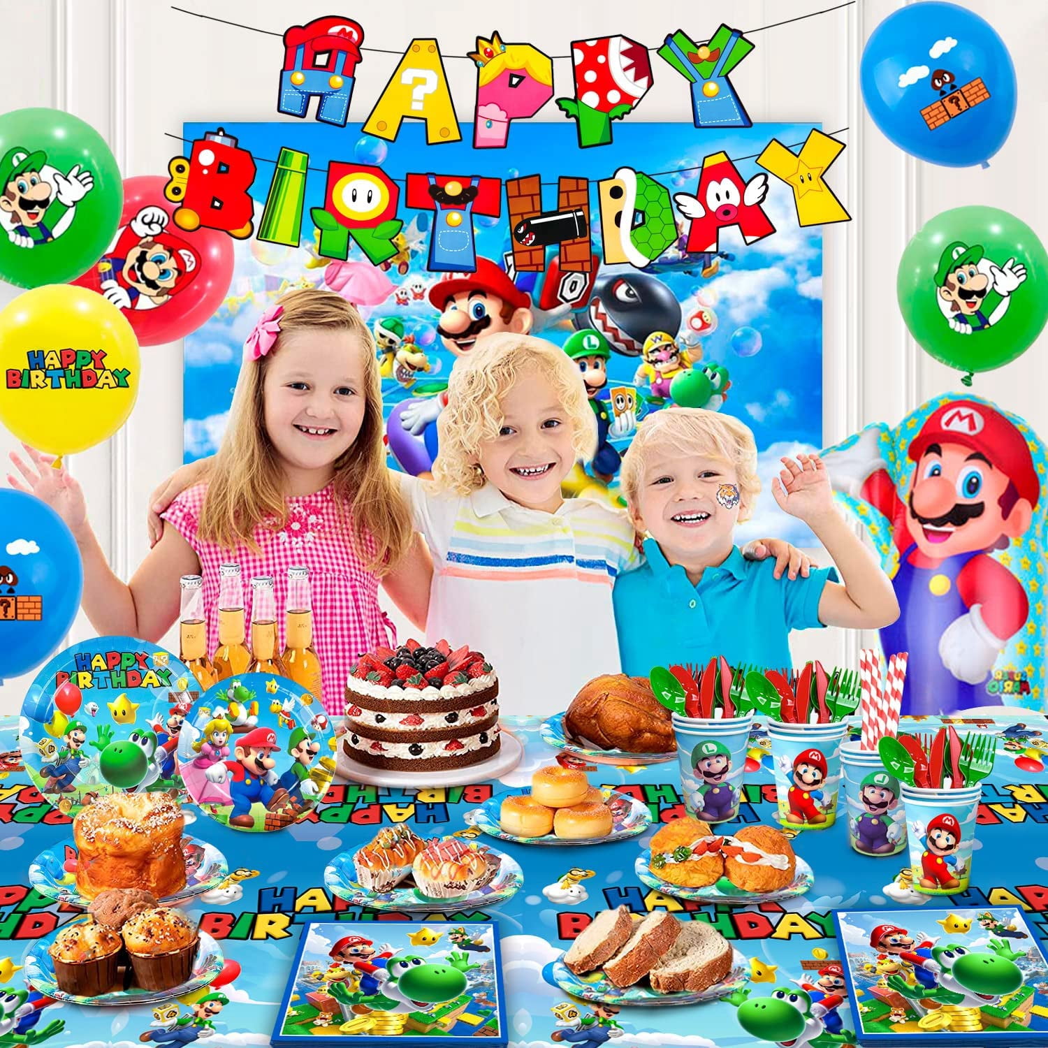 Super Mario Birthday Party Supplies,177pcs Mario Party Decorations&Tableware Set-Mario Party Plates Cups Napkins Table Cloth Balloons Backdrop Banner etc Super Mario Birthday Decorations