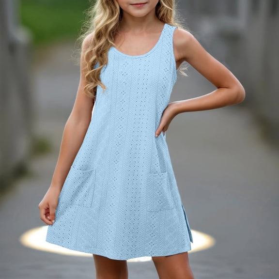 Ndbuld Plus Size Summer Dresses for Women 2025 Toddler Kids Girls Cute Solid Color Stretchy Camisole Sleeveless Pocket Dress A Line Dress Rollbacks,9 Years,Blue