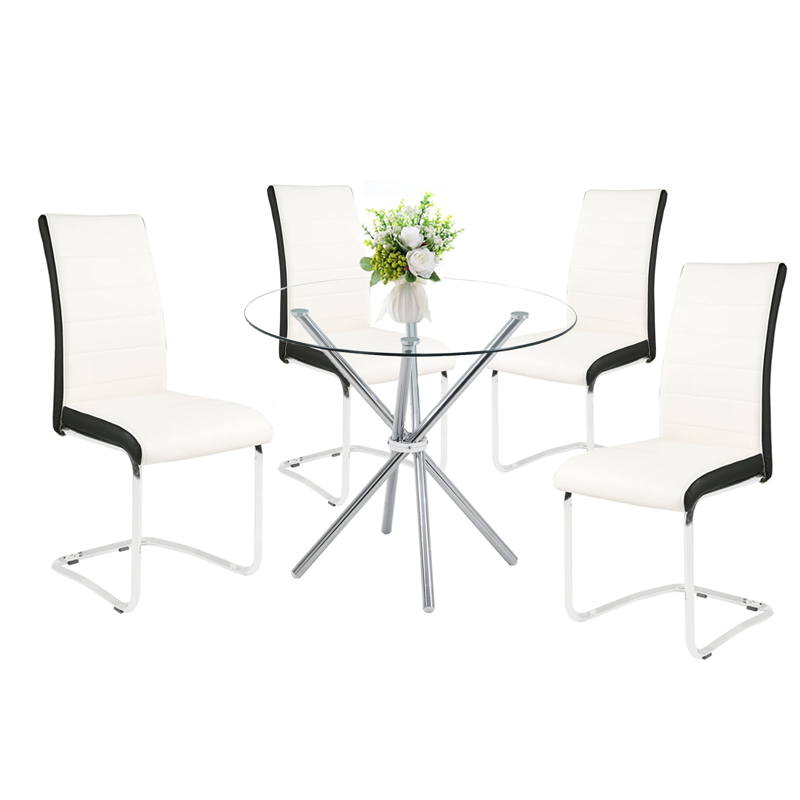 Kitchen Dining Table Set of 4,Glass Metal Table and 4 Chairs(4 Leg Table + 4 White Chairs