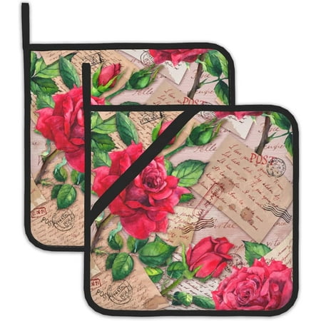 

HPINK-T Vintage Red Roses Pot Holders Set of 2 Oven Hot Pads for Kitchen Heat Resistant Washable Potholder for Kitchen Baking