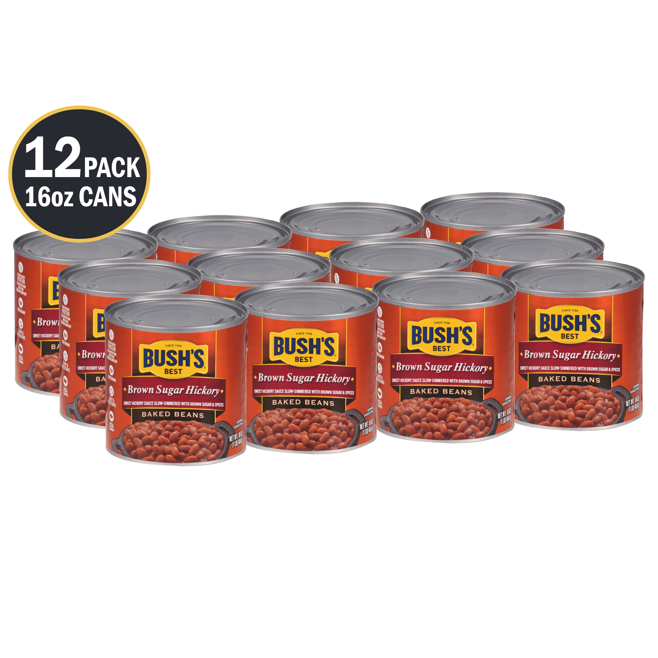 (12 Cans) Bush's Brown Sugar Hickory Baked Beans, Canned Beans, 16 oz