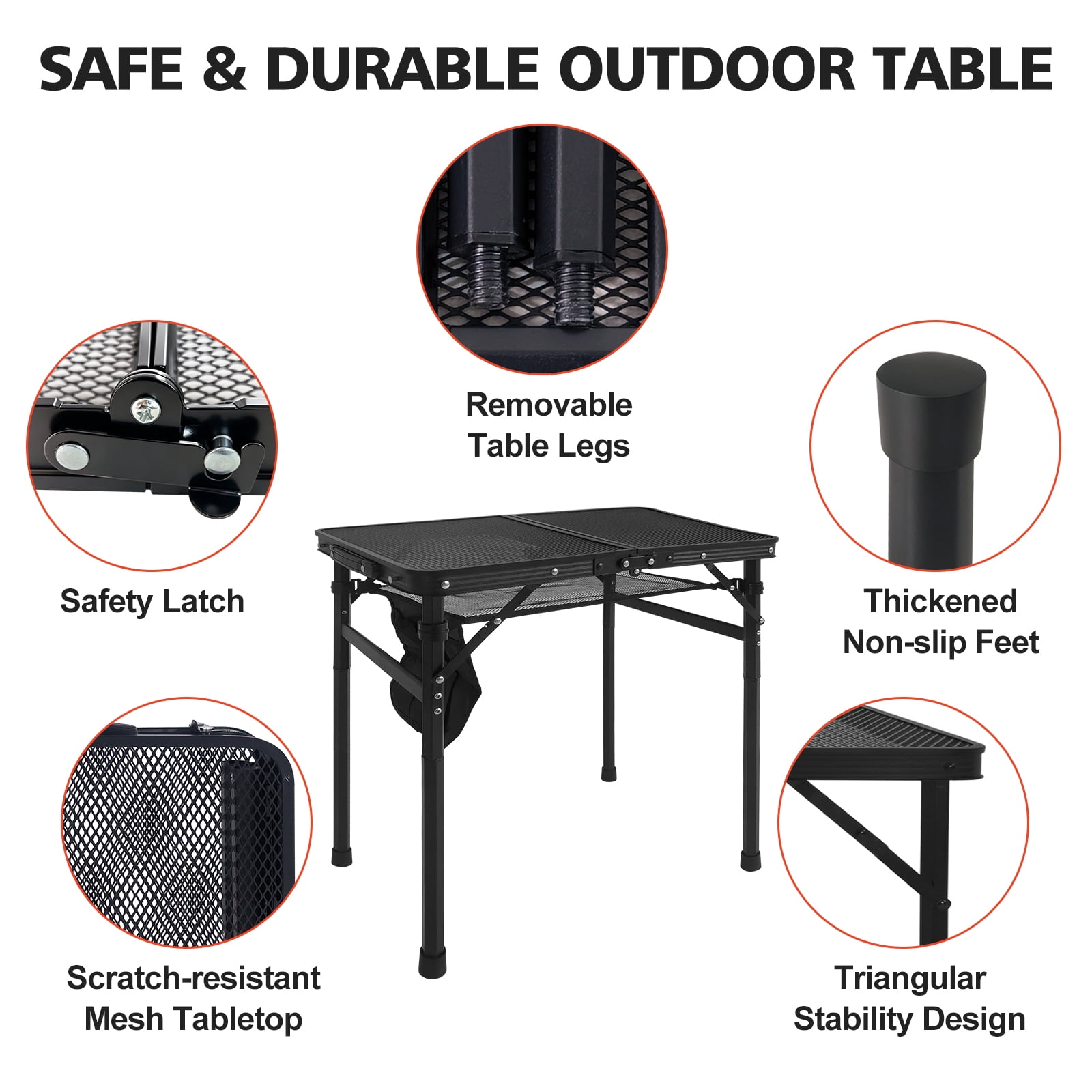2FT Black Folding Camping Table, Aluminum Frame Mesh Desktop, Height Adjustable Portable Grill Table with Storage Mesh Bag for Camping, BBQ, Picnic & Outdoor Activities